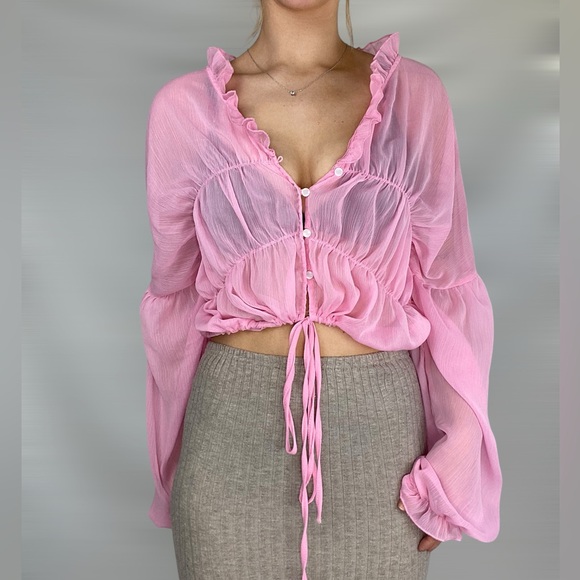sndys Tops - SNDYS Bali Pink Puff Long Sleeve Cinch Tie Crop Top Sheer Light Airy
